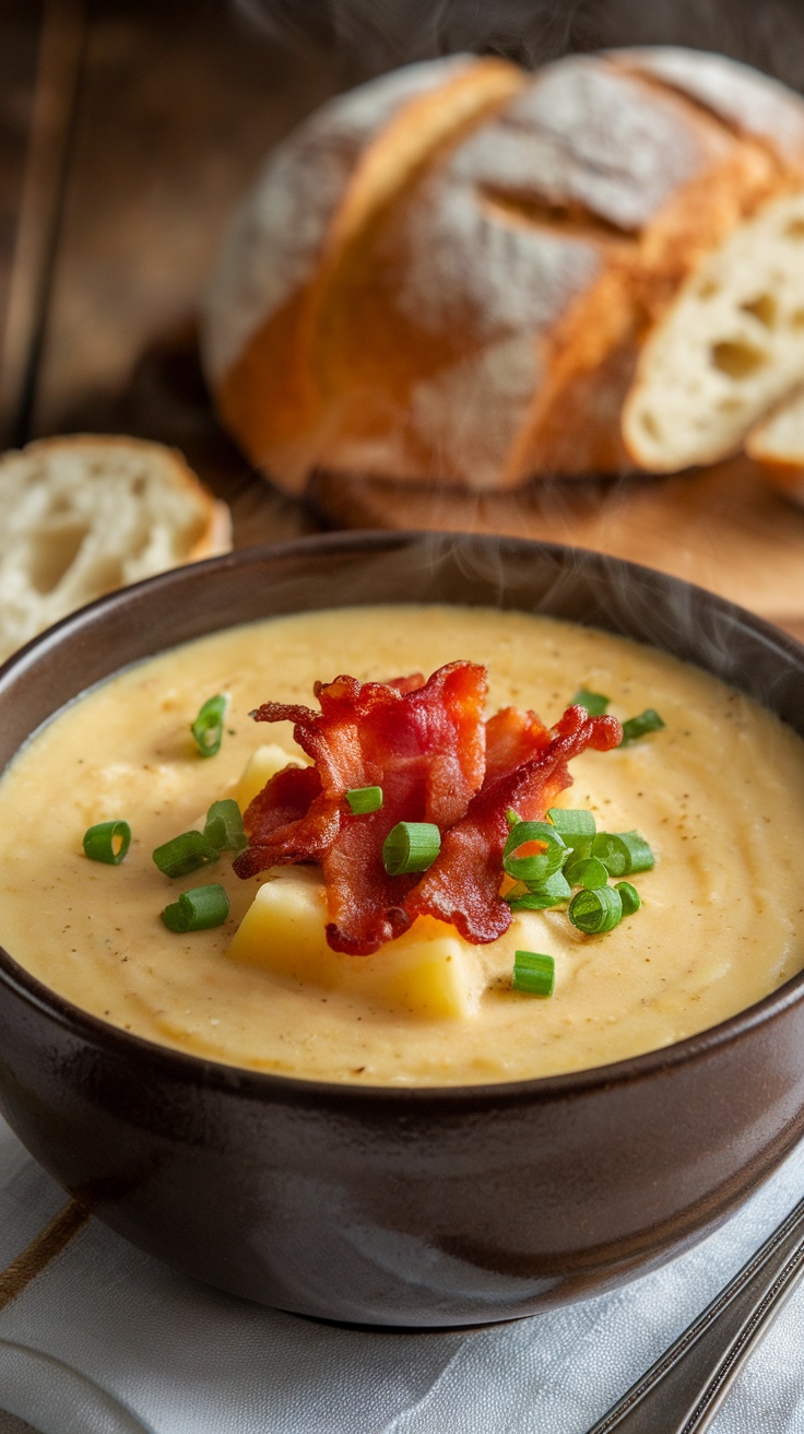 Hearty bowl of creamy potato soup topped with bacon and green onions, with crusty bread on a wooden table.